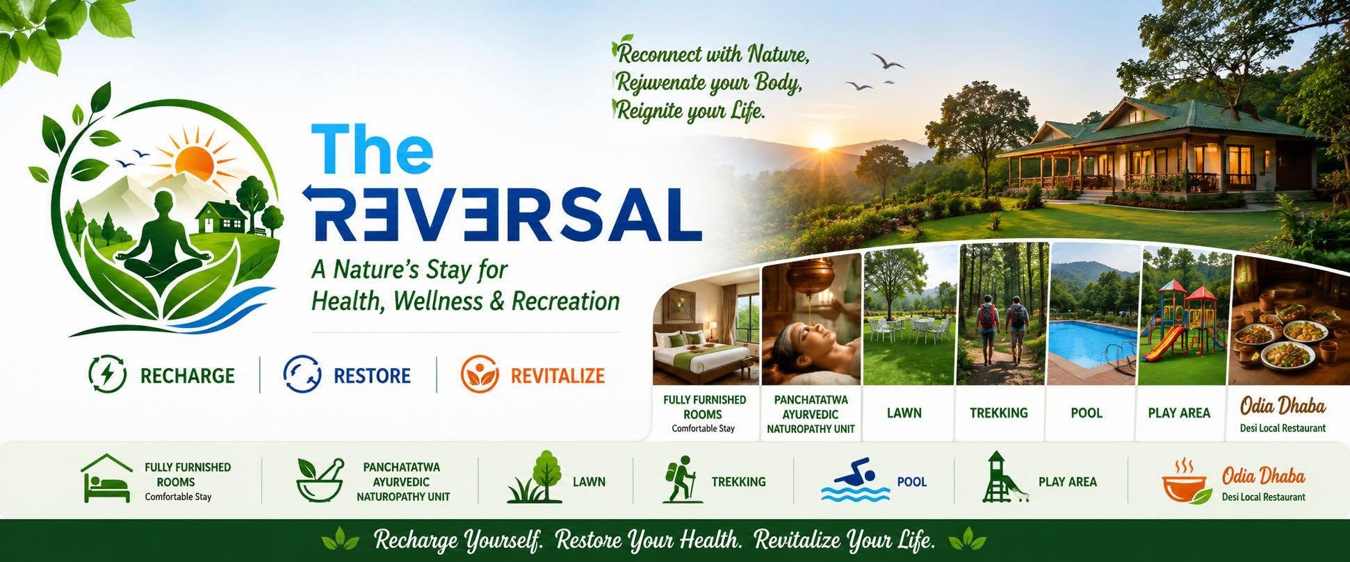 The Reversal — a nature's stay for health, wellness and recreation, showing rooms, the Ayurvedic naturopathy unit, lawn, trekking, pool, children's play area and Odia dhaba